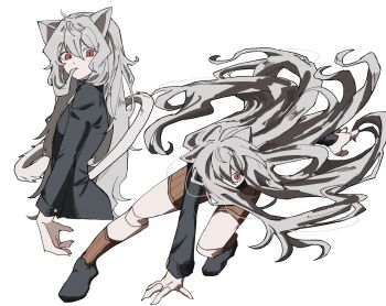 1girl alternate_hairstyle animal_ears cat_ears cat_girl cat_tail chimera_ant commentary_request curly_hair doll_joints grey_hair hair_in_own_mouth highres hunter_x_hunter joints long_hair long_sleeves looking_at_viewer neferpitou red_eyes ribbed_shorts shirt shorts simple_background solo tail tonkatsu_pie