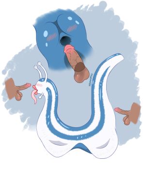 2boys alkanoid743 anal anus ass ass_focus blue_skin blush colored_skin dark-skinned_male dark_skin double_penetration fellatio_gesture furry furry_female gaping gaping_anus highres katsuyu multiple_boys naruto_(classic) naruto_(series) naruto_shippuuden penis pov pussy red_lips slime_(creature) tongue tongue_out white_skin