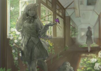 4girls bow bowtie bug butterfly butterfly_on_hand butterfly_on_head commentary_request commission flower hallway highres indoors insect light_particles long_hair mizore_akihiro multiple_girls open_mouth open_window original overgrown petrification second-party_source skeb_commission skirt sunlight vest white_flower window window_shadow wooden_floor