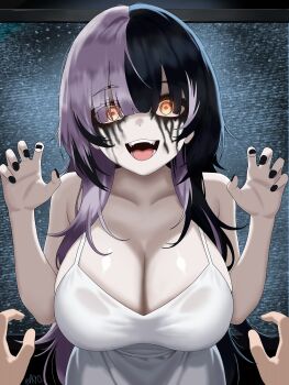 1girl absurdres bare_shoulders black_hair black_nails breasts cleavage collarbone commentary cosplay dress english_commentary fangs fingernails highres hololive hololive_english huge_breasts long_hair looking_at_viewer makeup multicolored_hair nail_polish open_mouth pale_skin runny_makeup shiori_novella smile solo_focus split-color_hair static teeth television the_ring tongue twitter_username two-tone_hair virtual_youtuber vkyo white_dress white_hair yamamura_sadako yamamura_sadako_(cosplay) yellow_eyes