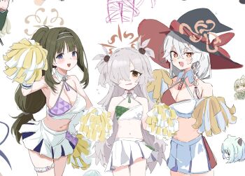 5girls alternate_costume alternate_hairstyle bare_shoulders blue_archive breasts brown_eyes cheerleader eri_(blue_archive) green_hair grey_hair halo highres kanoe_(blue_archive) large_breasts long_hair looking_at_viewer millennium_cheerleader_outfit_(blue_archive) miyo_(blue_archive) multiple_girls navel pom_pom_(cheerleading) purple_eyes shigure_(blue_archive) tsumugi_(blue_archive) white_hair yellow_eyes youbi_(0ver_sd)