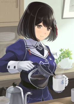 1girl black_hair brown_eyes closed_mouth coffee coffee_mug coffee_pot commentary cup gloves haguro_(kancolle) haguro_kai_ni_(kancolle) hair_ornament holding holding_coffee_pot holding_cup indoors jacket kantai_collection kitchen long_sleeves military_uniform mug pouring purple_jacket short_hair smile solo steam tomoyo_kai white_gloves