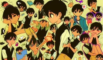 &gt;_&lt; 0_scyf 1boy 3; @_@ animal animal_charm bare_arms baseball_bat big_yellow_cat_(omori) black_cat black_eyes black_hair black_sweater_vest blue_jacket blush book bright_pupils brown_shorts cat charm_(object) chibi clenched_teeth closed_eyes closed_mouth collared_shirt cowboy_shot crying denim denim_jacket double-parted_bangs expressionless feet_out_of_frame fish flower flying_sweatdrops frown full_body hair_behind_ear hair_between_eyes hand_on_own_cheek hand_on_own_face hands_up head_on_pillow heart highres holding holding_flower jacket knees_up male_focus mewo multiple_views nail_(hardware) nail_bat official_alternate_costume omori open_clothes open_jacket open_mouth outline pillow profile purple_outline shirt short-sleeved_jacket short_hair short_sleeves shorts simple_background sitting something_(omori) spoken_x standing sunny_(birthday)_(omori) sunny_(omori) sweater_vest teeth tissue_box tongue tulip u_u under_covers upper_body v v-shaped_eyebrows very_short_hair white_flower white_pupils white_shirt white_tulip x_arms yellow_background