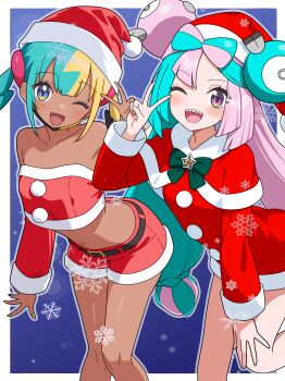 2girls ;d abstract_background absurdres alternate_costume aqua_hair bare_shoulders belt belt_buckle black_belt black_hair blonde_hair blue_eyes blue_hair blush border bow bow-shaped_hair breasts buckle canari_(pokemon) capelet character_hair_ornament christmas commentary crop_top dark-skinned_female dark_skin detached_sleeves dress fur-trimmed_capelet fur-trimmed_dress fur-trimmed_headwear fur_trim green_bow hair_ornament hat highres iono_(pokemon) jacket long_hair long_sleeves looking_at_viewer midriff multicolored_hair multiple_girls nintendo odorukaminoke one_eye_closed open_mouth outline outside_border pink_hair pokemon pokemon_legends:_z-a pokemon_sv red_capelet red_dress red_hat red_shorts santa_costume santa_dress santa_hat sharp_teeth short_hair shorts smile snowflakes split-color_hair teeth twintails two-tone_hair v white_border white_outline yellow_jacket