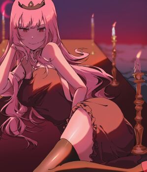 1girl ass black_tiara breasts candle candlestand closed_mouth commentary dress fatpenguinz hand_on_own_face hashtag-only_commentary highres hololive large_breasts long_hair looking_at_viewer lying mori_calliope on_side on_table pink_eyes pink_hair smile solo table thick_thighs thighhighs thighs tiara virtual_youtuber