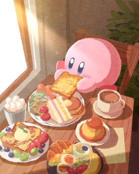 banana blue_eyes blueberry blush_stickers bread bread_slice cake cake_slice coffee coffee_mug commentary croissant cup eating food fruit highres indoors kirby kirby_(series) lettuce miclot mug nintendo no_humans plate pudding saucer solo toast window
