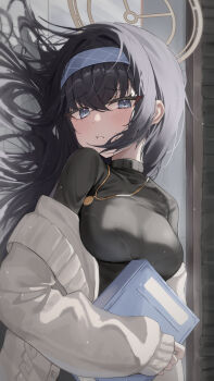 1girl absurdres black_hair black_sweater blue_archive blue_eyes blush book bra_visible_through_clothes breasts brown_cardigan cardigan cardigan_partially_removed commentary crossed_bangs hair_between_eyes hairband halo highres holding holding_book jewelry long_hair long_sleeves looking_at_viewer lying medium_breasts messy_hair necklace open_cardigan open_clothes shj1998z sidelocks sleeves_past_wrists solo sweater turtleneck turtleneck_sweater ui_(blue_archive)