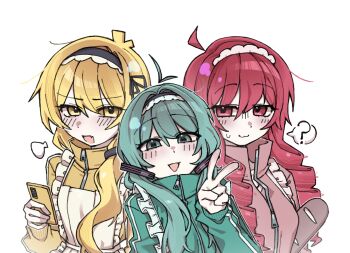 Rule 34 | 3girls, :3, ?, ahoge, akita neru, alternate hairstyle, apron, baguette, blonde hair, blue eyes, blue hair, blush, bread, cellphone, commentary, danchoo, drill hair, fang, food, frilled apron, frills, hair ornament, hair over shoulder, hair ribbon, hairband, hatsune miku, high collar, highres, holding, holding food, holding phone, jacket, jersey maid, kasane teto, long hair, long sleeves, looking at viewer, low ponytail, low twintails, maid, maid headdress, multiple girls, open mouth, phone, pink eyes, pink hair, ponytail, puff of air, ribbon, simple background, smartphone, smile, spoken question mark, sweat, symbol-only commentary, track jacket, triple baka (vocaloid), twintails, unconventional maid, utau, v, vocaloid, white background, yellow eyes