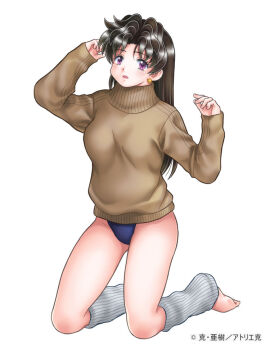 Rule 34 | 1girl, barefoot, black hair, blue one-piece swimsuit, brown sweater, earrings, full body, futari ecchi, jewelry, katsu aki, kneeling, leg warmers, long hair, long sleeves, looking at viewer, loose socks, one-piece swimsuit, onoda yura, purple eyes, simple background, socks, solo, sweater, swimsuit, swimsuit under clothes, turtleneck, turtleneck sweater, white background