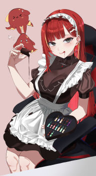 Rule 34 | 1girl, akane lize, apron, black dress, box, breasts, chair, commentary request, cosmetics, creature, dress, feet out of frame, fingernails, frilled apron, frills, grey eyes, hand up, heart-shaped box, highres, holding, holding box, korean commentary, large breasts, long hair, looking at viewer, maid apron, maid headdress, multicolored hair, nail polish, nail polish bottle, on chair, parted lips, pienna (akane lize), pigpotato, pink background, red hair, red nails, see-through cleavage, see-through clothes, see-through dress, short sleeves, simple background, sitting, solo, stellive, straight hair, streaked hair, very long hair, virtual youtuber, white apron