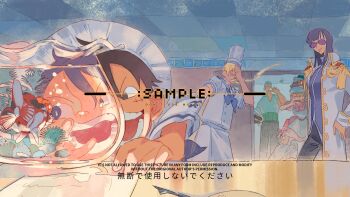 2girls 5boys absurdres black_hair blonde_hair blunt_bangs chef_hat closed_eyes collared_coat commission epaulettes fish flat_top_chef_hat hand_on_own_hip haramaki hashtag-only_commentary hat highres indoors long_nose monkey_d._luffy multiple_boys multiple_girls nami_(one_piece) nico_robin one_piece open_mouth orange_hair roronoa_zoro sanji_(one_piece) scar scar_on_face short_hair siyangou49 smile straw_hat_pirates tony_tony_chopper usopp