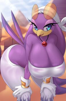 1girl blurry blurry_background breasts cleavage depth_of_field eyewear_on_head furry furry_female gloves hands_on_own_knees highres huge_breasts jewelry kt80at looking_at_viewer necklace open_mouth outdoors pants solo sonic_(series) sonic_riders sonic_riders_(series) strapless tube_top wave_the_swallow white_gloves white_pants white_tube_top