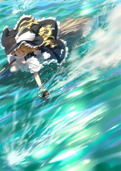 Rule 34 | 1girl, black dress, black hat, blonde hair, bow, broom, broom riding, commentary request, dress, flying, frilled bow, frilled dress, frilled hat, frills, from above, hat, hat bow, highres, holding, holding vial, kajatony, kirisame marisa, long hair, low-altitude flight, mini-hakkero, orange eyes, pale skin, short sleeves, solo, steam, touhou, vial, wake (wave), water, wet, white bow, witch hat, yellow eyes