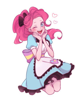 1girl ;d animification blue_dress blue_eyes blush breasts carhop colored_skin commentary curly_hair cutie_mark dcon_34 dress heart high_ponytail jumping long_hair looking_at_viewer my_little_pony my_little_pony:_equestria_girls my_little_pony:_friendship_is_magic official_alternate_costume official_alternate_hairstyle one_eye_closed open_mouth personification pink_hair pink_skin pinkie_pie pinkie_pie_(equestria_girls) ponytail simple_background smile solo