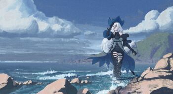 1girl animal arknights arm_cuffs artist_name ascot bare_shoulders beach black_ascot black_chaps black_gloves black_pants black_shirt blue_sky breasts brush_stroke cape chaps clothing_cutout cloud cloudy_sky commentary_request dated day detached_sleeves fish full_body gloves hair_between_eyes hat hckc8750 highres holding holding_animal holding_fish long_hair looking_at_viewer low-tied_long_hair mountain ocean outdoors pants red_eyes rock scenery shadow shirt skadi_(arknights) skadi_(elite_ii)_(arknights) sky solo standing thigh_cutout very_long_hair wading water waves white_hair