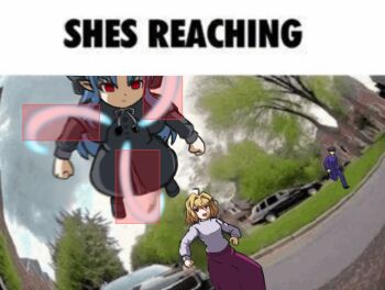 ahoge ai-generated_art_(topic) angry arcueid_brunestud attack black_bow black_capelet black_dress black_hair blonde_hair blue_hair bow capelet curtained_hair dress gakuran hair_intakes hitbox imminent_attack kagetsu_tooya len_(tsukihime) long_hair long_skirt looking_at_viewer melty_blood meme officer_flying_pov_(meme) open_mouth pointy_ears purple_skirt red_eyes ririrumiko running school_uniform short_hair skirt sweater tohno_shiki tsukihime turtleneck turtleneck_sweater white_sweater