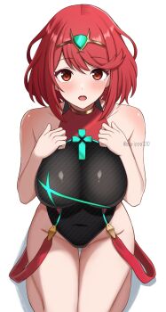 1girl bare_shoulders black_one-piece_swimsuit breasts chest_jewel collarbone commentary_request covered_navel highres large_breasts looking_at_viewer one-piece_swimsuit pyra_(pro_swimmer)_(xenoblade) pyra_(xenoblade) red_eyes red_hair short_hair simple_background sitting solo surippa1010 swimsuit thighs wariza white_background xenoblade_chronicles_(series) xenoblade_chronicles_2