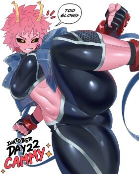 1girl artist_name ashido_mina black_pants black_sclera black_sports_bra blue_jacket boku_no_hero_academia cammy_white cammy_white_(cosplay) capcom colored_sclera colored_skin cosplay cropped_jacket english_text female_focus gauntlets gloves horns jacket loopvoid messy_hair midriff pants pink_hair pink_skin red_gloves short_hair solo speech_bubble sports_bra street_fighter street_fighter_6 tight_clothes tight_pants yellow_eyes yellow_horns