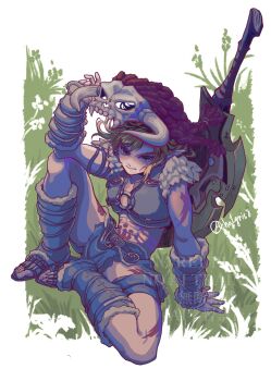 Rule 34 | 1boy, arm warmers, barbarian set (zelda), blonde hair, body markings, boots, border, chatgris8, commentary, cropped vest, english commentary, full body, fur-trimmed arm warmers, fur-trimmed boots, fur-trimmed vest, fur trim, grass, highres, link, loincloth, looking at viewer, male focus, medium hair, midriff, nintendo, official alternate costume, open-toe boots, poi, sidelocks, sitting, skull on head, solo, the legend of zelda, the legend of zelda: breath of the wild, twitter username, vest, white border