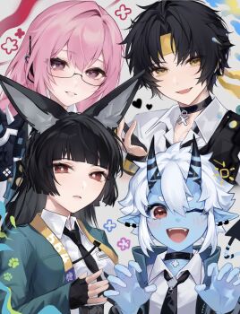 1boy 3girls absurdres animal_ear_fluff animal_ears animal_hands aqua_jacket armor asaba_harumasa asuma_up black_hair black_necktie blue_horns blue_oni blue_skin blue_tail blush choker collarbone colored_skin commentary_request ear_piercing earrings fangs fingerless_gloves floral_print fox_ears fox_girl glasses gloves green_jacket hair_between_horns half_gloves head_tilt headband heart highres hollow_special_operations_section_6_(zenless_zone_zero) horns hoshimi_miyabi id_card jacket jewelry long_hair looking_at_viewer multicolored_horns multiple_girls necktie one_eye_closed oni open_mouth paw_gloves piercing pink_eyes pink_hair pointy_ears shirt short_hair shoulder_armor single_fingerless_glove single_half_glove skin-covered_horns smile soukaku_(zenless_zone_zero) tail teeth tongue tsukishiro_yanagi two-tone_horns two-tone_tail upper_teeth_only white_background white_hair white_shirt yellow_eyes yellow_headband zenless_zone_zero