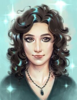 1girl aqua_background babybeetlekat black_eyeshadow black_shirt border brown_eyes brown_hair closed_mouth collarbone commentary commission commissioner_insert cropped_shoulders curly_hair earrings english_commentary eyelashes eyeshadow fading_border festoon_(necklace) glint highres jewelry light_smile lipgloss lips makeup medium_hair mole mole_on_collarbone mole_on_neck mole_under_mouth multiple_moles necklace nose parted_hair portrait procreate_(medium) real_life realistic shiny_skin shirt side_part silver_earrings silver_necklace smokey_eyeshadow solo sparkle thick_eyebrows turquoise_(gemstone) v-neck