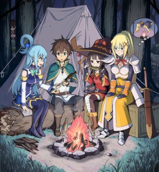 1boy 4girls animal aqua_(konosuba) aqua_bow aqua_bowtie armor asymmetrical_legwear bandaged_leg bandages black_cape blue_eyes blue_footwear blue_hair blue_shirt blue_skirt blush bodysuit_under_armor boots bow bowtie breastplate breasts brown_cape brown_footwear brown_hair campfire camping cape chomusuke commentary_request cooking crate darkness_(konosuba) detached_sleeves dress eating fingerless_gloves firewood fish forest full_body gloves gold_trim grass green_cape green_eyes grey_eyes hair_bobbles hair_ornament hair_rings hat hiding high_heels highres holding holding_animal holding_fish kono_subarashii_sekai_ni_shukufuku_wo! log long_hair medium_breasts megumin mismatched_legwear multiple_girls nature necktie night pink_necktie red_dress red_eyes rotisserie satou_kazuma seidenki6 shadow sheath sheathed shirt short_hair_with_long_locks shoulder_armor sidelocks single_hair_ring single_thighhigh sitting skirt sleeveless small_breasts speech_bubble sphere_hair_ornament staff tent thigh_boots thighhighs thought_bubble white_sleeves witch_hat yellow_dress yunyun_(konosuba)