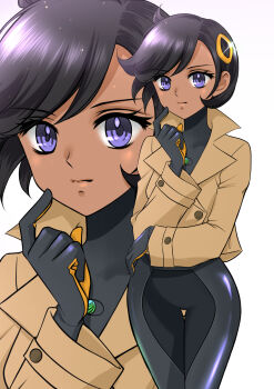 1girl black_bodysuit black_gloves black_hair bodysuit bodysuit_under_clothes brown_jacket closed_mouth commentary_request covered_collarbone cowboy_shot cowlick dark-skinned_female dark_skin emma_(pokemon) glint gloves hair_between_eyes hair_ornament hand_up highres index_finger_raised jacket latex latex_bodysuit long_sleeves looking_at_viewer maskmaya1 mega_stone multicolored_gloves nintendo orange_gloves pokemon pokemon_legends:_z-a purple_eyes short_hair sidelocks simple_background skin_tight solo standing swept_bangs thigh_gap two-tone_gloves white_background zoom_layer