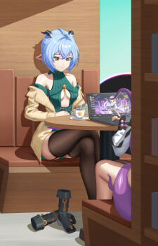2girls absurdres animal_ears black_thighhighs blue_hair boots breasts cafe clothing_cutout coffee computer crossed_legs garter_straps goat_ears goat_horns green_pupils hair_between_eyes highres holding holding_notebook hollow_(zenless_zone_zero) horns laptop legs lucia_elowen monster_girl multiple_girls notebook off-shoulder_sweater off_shoulder pointy_ears scylla shixi short_hair sitting sweater thighhighs thighs underboob underboob_cutout unworn_boots writing yellow_eyes yidhari_murphy zenless_zone_zero