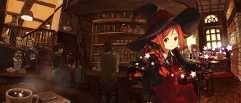 2girls 6+boys apron bar_stool blue_eyes book box braid cafe coffee coffee_pot cup gift gift_box gloves hair_ribbon hat indoors jar kitsune_(kazenouta) ladle long_hair looking_at_viewer multiple_boys multiple_girls necktie original plaid_clothes plaid_skirt pot red_eyes red_hair ribbon single_braid sitting skirt smile star_(symbol) stool tray witch_hat