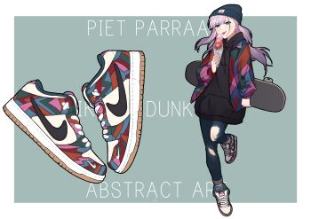 Rule 34 | 1girl, absurdres, beanie, black hoodie, blue eyes, blue hat, blue pants, border, casual, commentary request, fang, food, footwear focus, full body, green background, hat, highres, holding, holding food, holding ice cream, holding skateboard, hood, hood down, hoodie, ice cream, jacket, jouhou, long hair, long sleeves, looking at viewer, multicolored jacket, multicolored shoes, nike (company), nike dunk, open clothes, open jacket, outside border, pants, pink hair, shoes, simple background, skateboard, sneakers, toji no miko, tongue, tongue out, torn clothes, torn pants, tsubakuro yume, white border