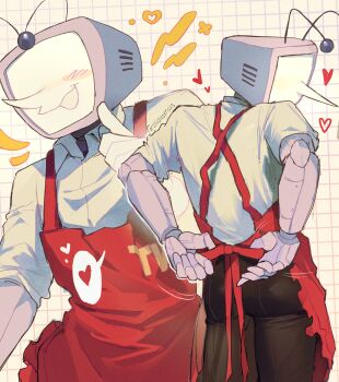 1boy absurdres ant_tenna apron chicheesticks collared_shirt commentary deltarune english_commentary grid_background heart highres male_focus mechanical_arms object_head pointy_nose red_apron shirt smile spoken_heart television tying_apron utdr_(toby_fox) white_shirt