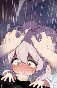 1boy 1girl absurdres ahoge bar_censor blush censored cheek_bulge deepthroat erection fellatio futon grey_hair hair_between_eyes hetero highres huge_penis kneeling large_variant_set loli long_hair mizumizuni motion_lines off_shoulder onii-chan_wa_oshimai! oral oyama_mahiro penis pov saliva shirt solo_focus steam t-shirt variant_set veins veiny_penis white_shirt