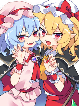 2girls ascot blonde_hair blouse blue_hair cheek-to-cheek commentary_request e.o. fang fingernails flandre_scarlet hat heads_together highres looking_at_viewer mob_cap multiple_girls open_mouth pointy_ears red_ascot red_eyes remilia_scarlet sharp_fingernails shirt siblings side-by-side simple_background sisters skin_fang smile touhou v-shaped_eyebrows white_background wrist_cuffs yellow_ascot