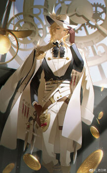 1boy absurdres analog_clock aqua_eyes belt black_boots black_jacket black_ribbon blonde_hair boots brooch brown_belt brown_gloves chinese_commentary clock closed_mouth coat coat_on_shoulders coat_stash coin colored_lapels dagger dress_shirt falling_money fedora feet_out_of_frame gears gloves gold_coin guest_art hand_in_pocket hand_on_headwear hanging_light hat hat_feather highres jacket jewelry knee_boots knife lao_bai_(pixiv36119836) lapel_pin lapels lars_rorschach lars_rorschach_(mist_city) long_sleeves looking_at_viewer lovebrush_chronicles male_focus medium_hair multiple_belts neck_ribbon pants parted_bangs ribbon shawl_lapels shirt smile solo standing steampunk syringe two-sided_fabric two-sided_headwear watermark weapon weibo_watermark white_belt white_coat white_hat white_pants white_shirt wingtip_collar