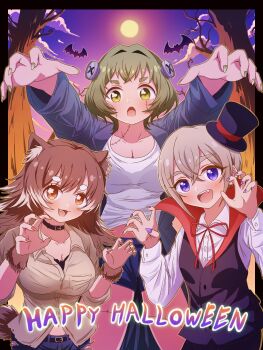 3girls :3 :d :o absurdres alternate_costume animal_ear_fluff animal_ears bare_tree bat_(animal) black_collar black_vest blue_shorts blush breasts brown_eyes brown_hair claw_pose cleavage collar collarbone commentary cosplay crossed_bangs dog_ears dog_tail fang frankenstein&#039;s_monster frankenstein&#039;s_monster_(cosplay) green_eyes green_hair green_nails grey_hair hair_between_eyes halloween halloween_costume hands_up happy_halloween hasu_hasuha hat high_collar highres kimi_no_koto_ga_dai_dai_dai_dai_daisuki_na_100-nin_no_kanojo kusanochika large_breasts long_hair long_sleeves looking_at_viewer mini_hat mini_top_hat multicolored_hair multiple_girls nail_polish neck_ribbon object_through_head open_mouth orange_nails outstretched_arms purple_eyes purple_nails red_ribbon ribbon screw_in_head shirt short_hair short_shorts shorts smile stitches sutou_iku tail tilted_headwear top_hat tree two-tone_hair vampire_costume vest werewolf_costume white_hair white_shirt yasashiki_yamame