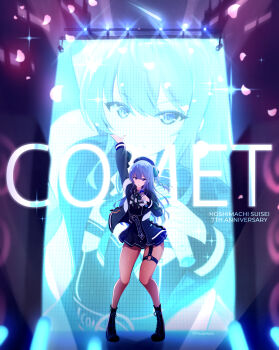 1girl arm_up beret black_boots blue_eyes blue_hair boots character_name falling_petals full_body hat highres holding holding_microphone hololive hoshimachi_suisei hoshimachi_suisei_(casual) looking_at_viewer maullarmaullar microphone music official_alternate_costume open_mouth orange_pantyhose pantyhose petals screen singing solo stage stage_lights standing thigh_strap virtual_youtuber