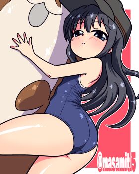 1girl 1other absurdres akatsuki_(kancolle) ass blush bokukawauso competition_school_swimsuit flat_cap hat highres kantai_collection long_hair open_mouth otter purple_eyes purple_hair red_background school_swimsuit swimsuit tennouji_masamichi twitter_username white_background