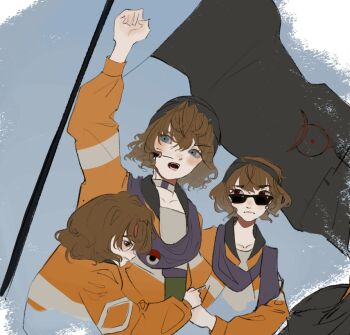 3others adapted_costume androgynous arde_(len&#039;en) bandana benny_(len&#039;en) black_bandana black_eyes blue_background blue_eyes brown_hair casual choker cine_hamal clenched_hand clenched_teeth collarbone commentary cropped_torso determined dot_nose dripping english_commentary eye_brooch eye_of_senri eyelashes facepaint flag glasses green_shorts grey_choker grey_shirt hatsburg high-waist_shorts jacket kuzu_suzumi len&#039;en long_sleeves looking_at_viewer monad multiple_others multiple_persona opaque_glasses open_clothes open_jacket open_mouth orange_jacket other_focus parted_lips pointing pointing_at_another puffy_long_sleeves puffy_sleeves purple_scarf realistic red_eyes scarf shirt short_hair shorts single_stripe striped_clothes striped_jacket sunglasses teeth turban wavy_hair