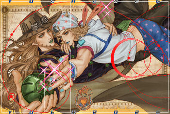 Rule 34 | 2boys, absurdres, ball, beanie, beard, blonde hair, blue eyes, blue lips, blue nails, blue pants, brown cape, brown hair, brown hat, brown pants, cape, commentary, cowboy hat, english commentary, facial hair, goggles, goggles on headwear, green eyes, green lips, gyro zeppeli, hair horns, hat, heart ornament, highres, holding, holding ball, hood, hood down, hoodie, horse print, horseshoe hat ornament, horseshoe ornament, johnny joestar, jojo no kimyou na bouken, long hair, lying on person, makeup, male focus, map, medium hair, multiple boys, pants, purple shirt, red sleeves, shirt, short sleeves, sparkle, star (symbol), star print, steel ball (jojo), steel ball run, two-tone sleeves, white hat, white hoodie, white sleeves, wristband, yaoi, yueh