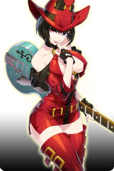 1girl arc_system_works bare_shoulders black_gloves black_hair blue_eyes boots breasts cleavage comiccho fingerless_gloves gloves glowing guilty_gear guitar hat heart heterochromia highres i-no instrument large_breasts lipstick looking_at_viewer makeup mole mole_above_mouth o-ring red_boots red_eyes red_hat short_hair soccer_spirits solo standing thigh_boots thighhighs transparent_background witch_hat zettai_ryouiki