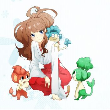 1girl animal black_eyes blue_eyes brown_hair gen_5_pokemon hilda_(pokemon) japanese_clothes monkey nintendo open_mouth panpour pansage pansear pokemon pokemon_(creature) pokemon_bw ponytail roku1010 smile