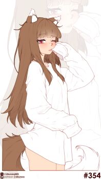 1girl absurdres animal_ear_fluff animal_ears blunt_bangs blush brown_hair commentary english_commentary highres holo likunea long_hair long_sleeves looking_at_viewer naked_shirt one_eye_closed patreon_logo patreon_username red_eyes shirt sleeves_past_fingers sleeves_past_wrists solo spice_and_wolf standing tail thighs twitter_username twitter_x_logo white_background white_shirt wolf_ears wolf_girl wolf_tail zoom_layer