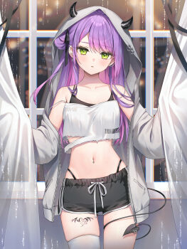 1girl absurdres bare_shoulders black_shorts commentary_request cowboy_shot crop_top crop_top_overhang curtains demon_horns demon_tail dolphin_shorts drawstring earrings green_eyes hair_bun hair_ribbon highleg highres hololive horns jacket jewelry leg_tattoo long_hair looking_at_viewer midriff navel navel_piercing off_shoulder open_clothes open_jacket panty_straps parted_lips piercing purple_hair ribbon runlan_0329 shirt short_shorts shorts single_side_bun single_thighhigh skindentation solo spaghetti_strap stomach strap_slip tail tail_around_own_leg tattoo thighhighs tokoyami_towa torn_clothes torn_shirt undershirt virtual_youtuber white_jacket white_shirt white_thighhighs window
