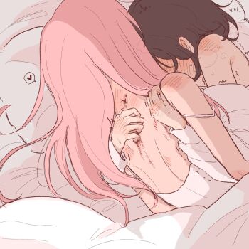 2girls alien_stage black_hair blanket coldmeow heart highres korean_text long_hair lying mizi_(alien_stage) multiple_girls on_side pink_hair spoken_heart sua_(alien_stage) translated yuri