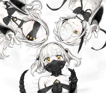 3girls absurdres blindfold blue_archive blush breasts coat colored_skin commentary_request double_v ein_(blue_archive) flat_chest highres long_hair looking_at_viewer lying mash_illust mask mechanical_hands mechanical_tail multiple_girls ohr_(blue_archive) on_back respirator short_hair small_breasts smile sof_(blue_archive) symbol-shaped_pupils tail twintails upper_body v white_hair white_skin x-shaped_pupils yellow_eyes