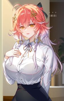 1girl absurdres ahoge alternate_breast_size_(larger) alternate_costume artist_name black_bow black_ribbon black_skirt bow bra_visible_through_clothes braid breasts button_gap changli_(wuthering_waves) chinese_commentary collared_shirt commentary_request detached_hair dress_shirt hair_between_eyes hair_bow hair_extensions hair_intakes hair_ornament hand_on_own_chest high-waist_skirt highres huge_breasts i_liqing_i indoors long_hair long_sleeves looking_at_viewer multicolored_hair neck_ribbon office_lady open_mouth orange_eyes pink_hair ponytail ribbon ring_hair_extensions shirt shirt_tucked_in skirt smile solo twin_braids two-tone_hair white_hair white_shirt wuthering_waves