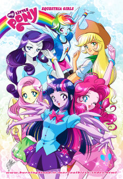 6+girls :d anime_coloring applejack artist_name blonde_hair blouse blue_eyes blue_skin bow butterfly_hair_ornament casual colored_skin copyright_name doily earrings fluttershy gradient_background green_eyes green_skirt hair_ornament half-closed_eyes horns jewelry logo long_hair low-tied_long_hair marco_albiero multicolored_hair multiple_girls my_little_pony my_little_pony:_equestria_girls my_little_pony:_friendship_is_magic one_eye_closed open_mouth outstretched_arms parody personification pink_bow pink_eyes pink_hair pink_skin pink_skirt pinkie_pie princess_twilight_sparkle puffy_short_sleeves puffy_sleeves purple_eyes purple_hair purple_skirt rainbow_dash rainbow_hair rarity_(my_little_pony) shirt short_sleeves signature single_horn skirt smile sparkle style_parody thighhighs twilight_sparkle two-tone_hair watermark web_address white_skin wings yellow_skin zettai_ryouiki