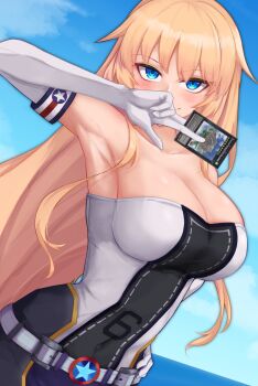 1girl armpits bare_shoulders belt blonde_hair blue_eyes blue_sky blush breasts card cleavage cloud commentary_request day elbow_gloves enterprise_(warship_girls_r) gloves holding holding_card large_breasts long_hair looking_at_viewer mosamosaobake shirt sky smile solo strapless strapless_shirt upper_body very_long_hair warship_girls_r white_belt white_gloves