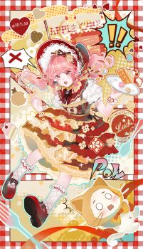 ! !! 1girl ^^^ absurdres animal ankle_socks apple argyle_clothes argyle_sweater black_bow black_bowtie bonnet border bow bowtie brown_eyes cake cake_slice capelet cat cherry chinese_commentary cloak clothed_animal commentary_request dot_nose dress ear_covers falling flower food food-themed_clothes footwear_bow fork frilled_dress frilled_headwear frilled_sleeves frilled_socks frilled_wrist_cuffs frills fruit full_body hair_bow hair_flower hair_ornament halftone halftone_background hat hat_bow heart highres holding holding_plate hood hood_up hooded_cloak infinity_nikki lace lace-trimmed_dress lace-trimmed_headwear lace_trim light_blush long_hair looking_ahead low_twintails mary_janes medium_dress menu momo_(nikki) navel neck_ruff nikki_(nikki) nikki_(series) o_o open_mouth orange_bow orange_bowtie outline outside_border pinafore_dress pink_hair plaid_border plate puffy_short_sleeves puffy_sleeves raised_inner_eyebrows red_bonnet red_border red_bow red_capelet red_dress red_shoes shirt shoes short_sleeves signature sijiu_49 sleeveless sleeveless_dress socks speech_bubble spoken_exclamation_mark spoken_x striped_bow surprised sweater sweet_memories_(infinity_nikki) traditional_bowtie twintails two-tone_bow two-tone_dress wavy_hair whis whiskers white_cat white_outline white_shirt white_wrist_cuffs wrist_cuffs yellow_background yellow_bow yellow_cloak yellow_dress yellow_flower