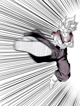 Rule 34 | 1boy, boots, commentary request, crossed arms, dougi, dragon ball, dragonball z, feet, flying kick, foot focus, full body, gloves, grey shirt, highres, kenran dokkan, kicking, limited palette, male focus, motion blur, motion lines, muscular, muscular male, orange shirt, red eyes, shirt, solo, speed lines, spiked hair, super saiyan, super saiyan 1, vegetto